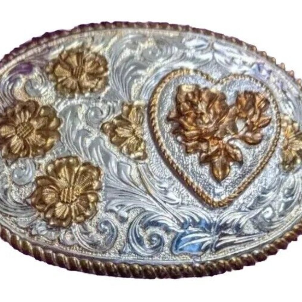 Crumrine Silver Plate on Jewelers Bronze Floral Heart Heavy Western Belt Buckle